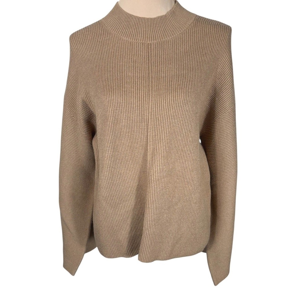 Cache Ribbed Mock Neck Sweater Button Sleeve Pullover Tan XS - Picture 2 of 8